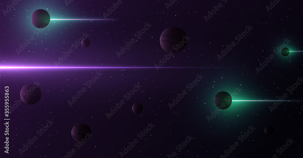 Aufkleber planets 3d on background of stars and galaxy. light abstract lines of gamma rays pass through space.