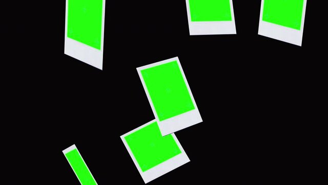 wide shot to a closeup of floating polaroid photos isolated on black background, 3D animation