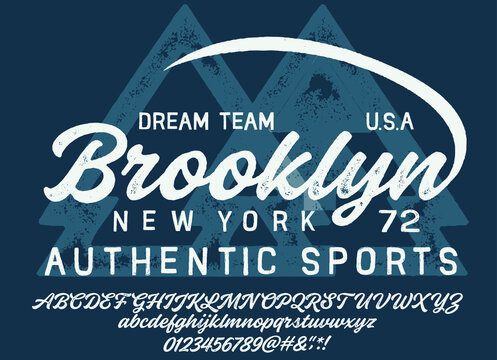 Vintage brush script lettering font. Handwritten calligraphic alphabet for t-shirt or apparel. Textured unique brush in alphabet style.Old school vector graphic for fashion and printing.