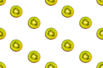 Fototapeta premium Seamless endless pattern of juicy green slices of kiwi fruit isolated on white background. Design for wrapping paper, fabric and wallpaper