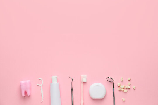 Set for oral hygiene on color background © Pixel-Shot