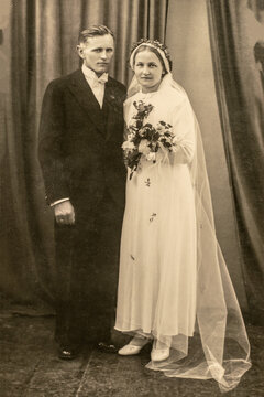 Germany - CIRCA 1920s: Shot of just married couple in studio, Vintage wedding art deco era photo