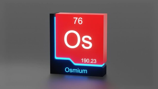 Osmium, periodic table element 3D animation, modern educational red icon with blue neon light