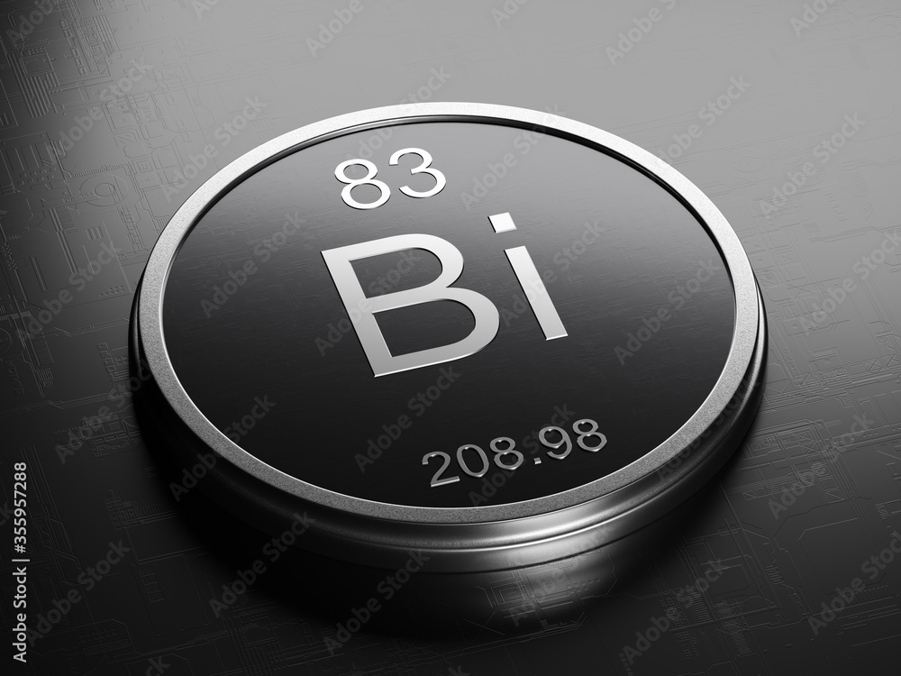 Poster bismuth element from periodic table on futuristic round shiny metallic icon 3d render