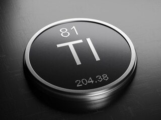 Thallium element from periodic table on futuristic round shiny metallic icon 3D render