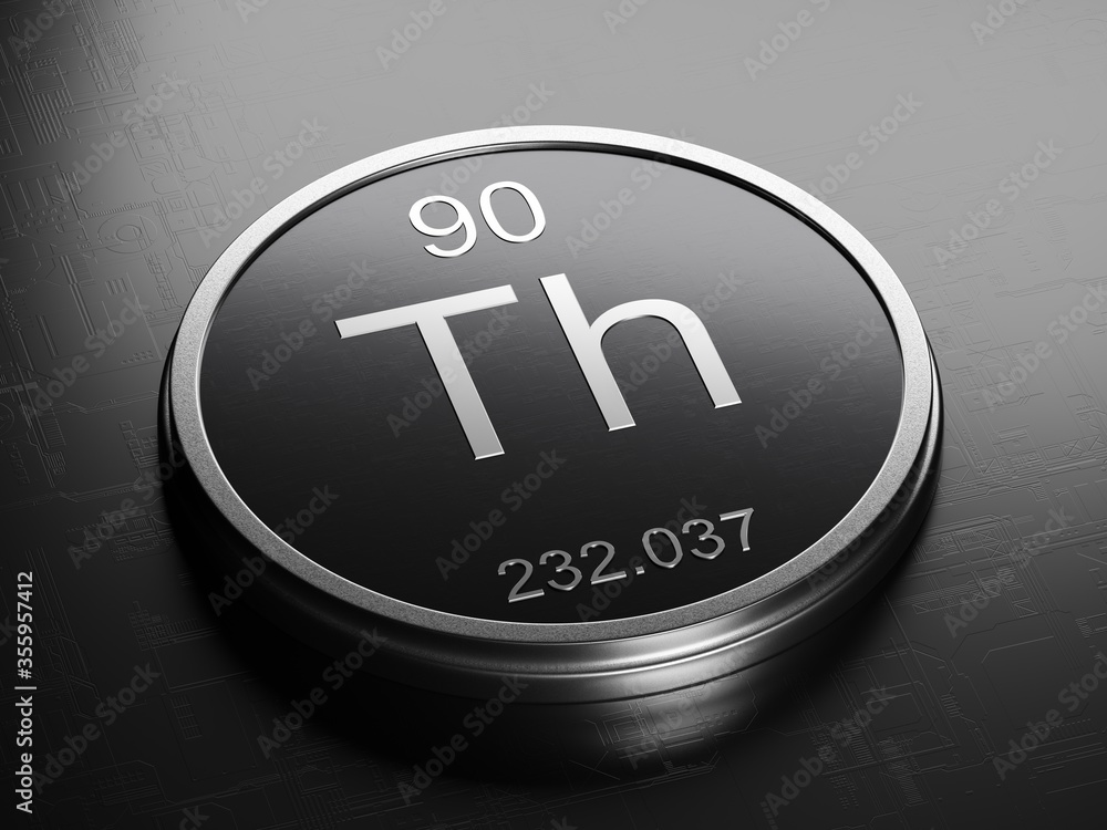 Aufkleber thorium element from periodic table on futuristic round shiny metallic icon 3d render