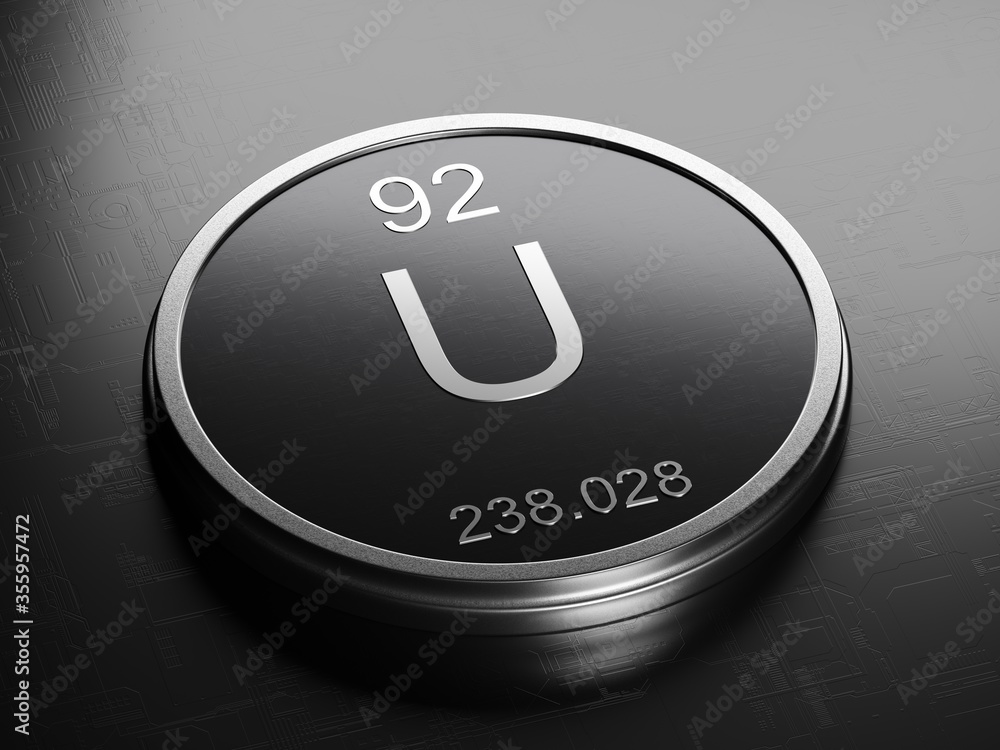 Aufkleber uranium element from periodic table on futuristic round shiny metallic icon 3d render
