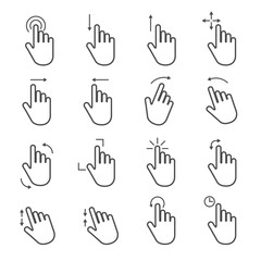 Vector outline touch screen outline gestures icons set isolated on white background. Touchscreen technology, tap on screen, drag and drop. Hand swipe, slide gestures.