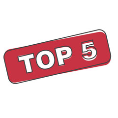 Top 5 red vector icon. Top five red stamp cartoon style on white isolated background.