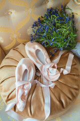 professional ballerina shoes on a background of a bouquet of flowers