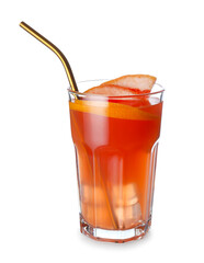Glass of fresh grapefruit juice on white background