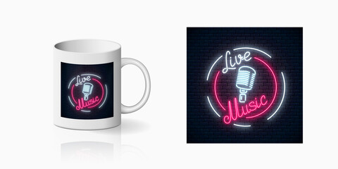 Neon sign of bar with live music for cup design. Advertising glowing signboard of sound cafe with retro microphone design, banner in neon style on mug mockup. Vector shiny design element.