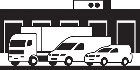 Cargo vehicles and warehouse – vector illustration