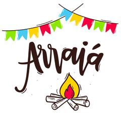 Arraiá. Camp. Brazilian Traditional Celebration in  Portuguese Hand Lettering. June Party with bonfire draw.  Vector. © Bruna Saraiva