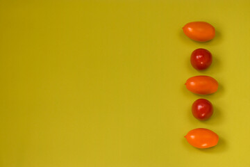 Orange and red tomatoes on olive color background. Horizontal position.