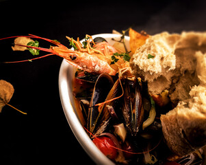 Sea food plate with shrimp and mussels - close up photography