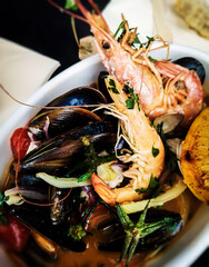 Sea food plate with shrimp and mussels - close up photography