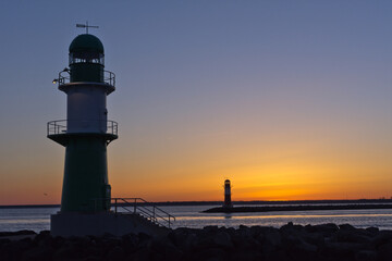 Lighthouse at Warnemünde Port While Sunrise, Rostock, Baltic Sea, Mecklenburg Western Pomerania,...