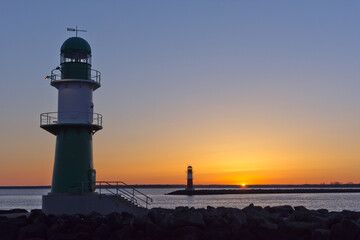Lighthouse at Warnemünde Port While Sunrise, Rostock, Baltic Sea, Mecklenburg Western Pomerania,...