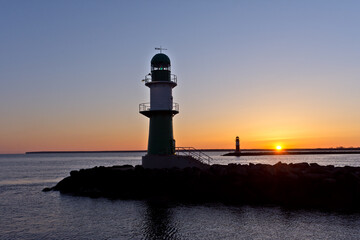 Lighthouse at Warnemünde Port While Sunrise, Rostock, Baltic Sea, Mecklenburg Western Pomerania, Germany, Europe