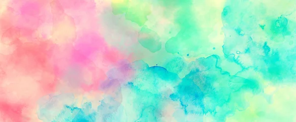 Foto op Canvas Watercolor background in blue pink and green colors, colorful painted background texture in abstract sunset or sunrise sky illustration © Arlenta Apostrophe