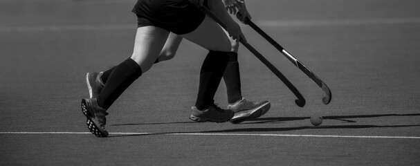 Two women battle for control of ball during field hockey game. Black and white