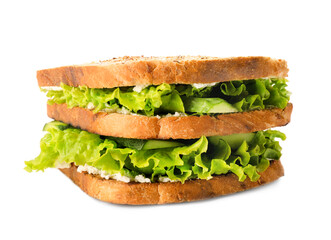Tasty cucumber sandwich on white background
