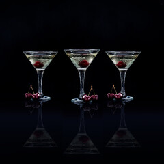 Set of glasses of sweet martini dry cocktail with cherries in black background