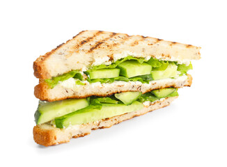 Tasty cucumber sandwich on white background
