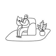 eldery man reading newspaper in home activity line style