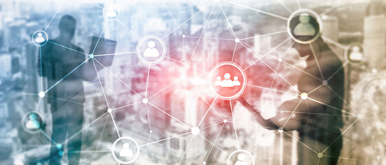 Double exposure people network structure HR - Human resources management and recruitment concept.