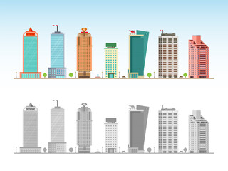 City Skyline Decorative Isolated Vector Illustration. Skyscraper Offices Flat Business Buildings Set.