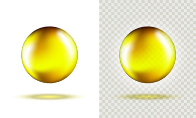 Set of Golden glass ball template. Liquid gel. Oil gold bubble isolated on transparent background. Vector realistic yellow serum droplet of drug or collagen essence.