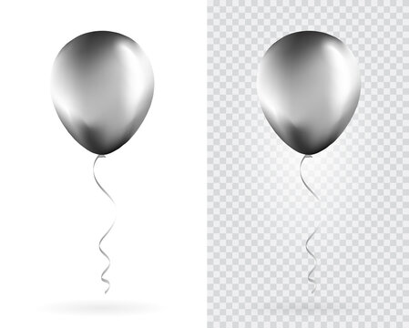 Set of Silver balloons on transparent white background. Party Balloons event design decoration. Mockup for balloon print. Vector.
