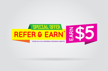 Refer a friend colorful banner or poster. Referral Campaign. Refer and Earn Money. Affiliate Program. Vector.