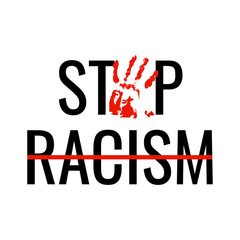 Stop racism slogan with red handprint silhouette. No to racism logo, icon, sign isolated on white background. T shirt print design. Vector illustration