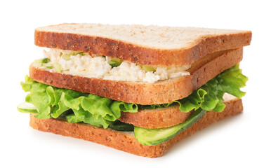 Tasty cucumber sandwich on white background