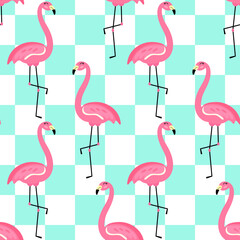 Vector seamless tropical pattern with cute pink flamingo on turquoise background. Minimalistic trendy background of beautiful exotic birds. Backdrop for textile, prints, decoration, fabric