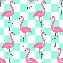Obraz premium Vector seamless tropical pattern with cute pink flamingo on turquoise background. Minimalistic trendy background of beautiful exotic birds. Backdrop for textile, prints, decoration, fabric