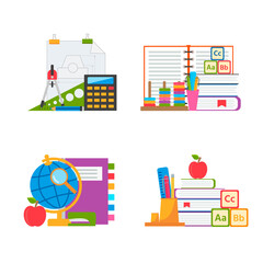 Back to school Concept. Compositions of Different school supplies, icon set. Vector illustration for banner, web page, flayer, advertising