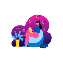 A young beautiful Woman sitting reading a book at home in a chair with a cat.  Stay at home. Coronavirus Quarantine. Recreation. Vector  illustration for banner, flyer, ad