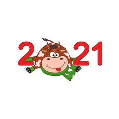 Symbol new year 2021 - Cartoon funny  bull, cow. Christmas illustration template for poster, postcard or calendar, invitation