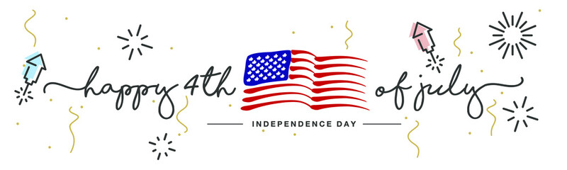 Happy 4th of july Independence day handwritten typography text USA abstract wavy flag firework ribbon and confetti white background banner - obrazy, fototapety, plakaty