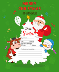 letter to Santa template with symbol of 2021 - bull, snowman and santa. Printable page for wish list on New Year. Christmas illustration