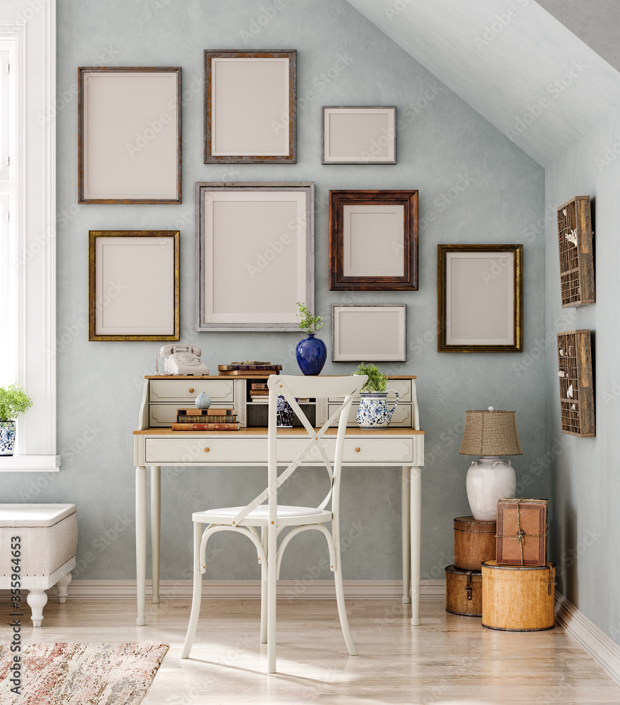 Wall mural mockup frames in vintage interior background, 3d render