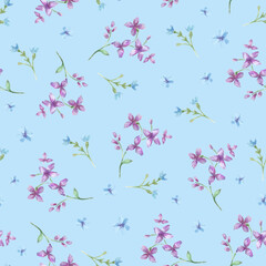 Vector watercolor seamless pattern with flowers and branches.