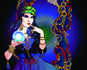 Portrait of a brunette fortuneteller in stole with a magic crystal ball in her hand. A woman is in a vintage oriental costume, abstract background with silhouettes of mystical characters.