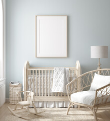 Mock up frame in boy nursery with natural wooden furniture, 3D render - obrazy, fototapety, plakaty