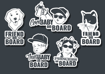 Baby on Board, Original Funny Stickers on Car. Cat, Dog, Girl and Boy  Warning Signs