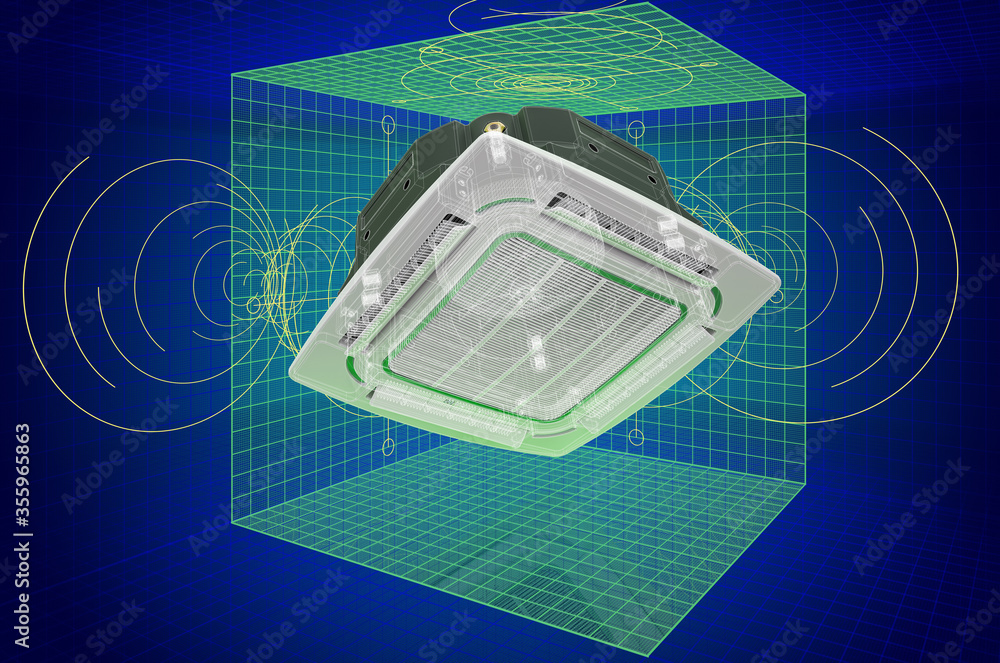 Poster visualization 3d cad model of ceiling cassette unit, indoor unit of air condition, blueprint. 3d ren